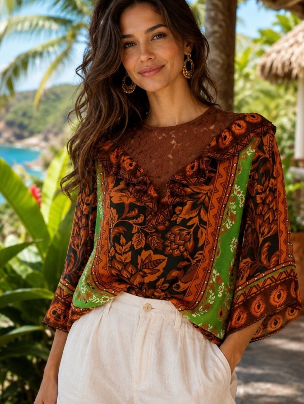 FARM Rio Lace Mix Blouse Dark Floral Long Flared Sleeves Size XL NWT